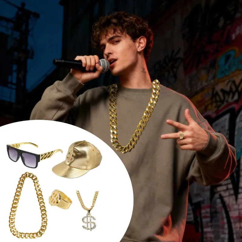 Classic Retro 5-Piece 80s-90s Hip-Hop Fashion Costume Set - Lightweight, Smooth, Adjustable Size, Accessories Include Hat, Sunglasses, 37in Golden Fake Necklace, Ring - Suitable for Proms, Halloween, Dollar Signs Eligible, Parties, 1980S/90S Rap Events