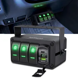 Nilight 3-Gang Rocker Switch Box - 12V SPST ON-Off Toggle Switches, PD Type-C & QC USB Charger, Voltmeter, LED Light, Waterproof Aluminum Mount Bracket Panel with DIY Stickers for Boat, Car, RV Fathers' Day Gift