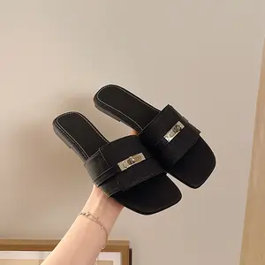 Women's Minimalist Metal Turn-Lock Open-Toe Slides - Textured Leather Slip-On Sandals Soft Walking Shoes Girl