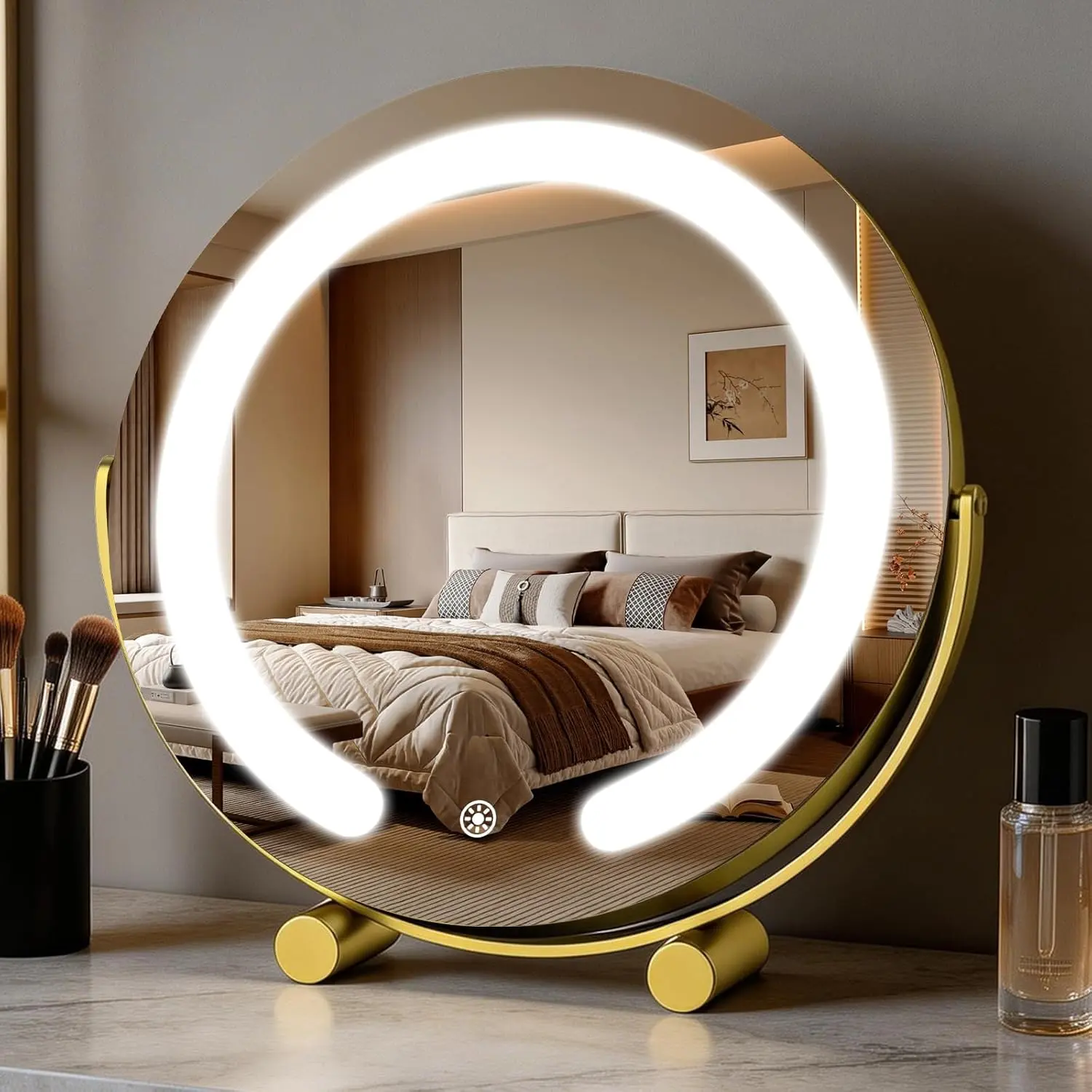 Bearolve Gold Lighted Makeup Mirror 12 Inch with LED Display, Smart Touch Dimmable Vanity for Dresser, 360° Rotatable Frame, Bedroom Decor, Bathroom Vanity Mirror, Home Decor, Dimmable Light, Round Shaped, Eye Care, Luxury, Aluminium, Full Rim, 12" X 12"