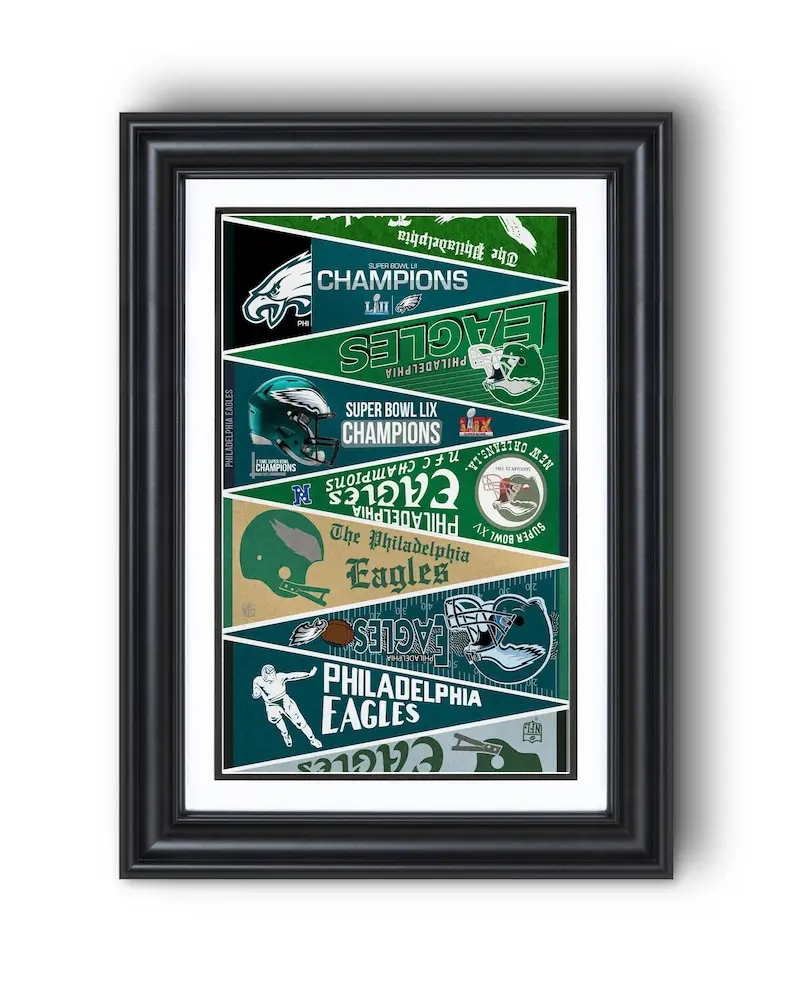 Unframed Philadelphia Eagles Classic Vintage Football Sports "1950-2025 Vintage Pennants" Multi-Size Paper Print - Football Wall Art, Home Decor, Kid Room Decor
