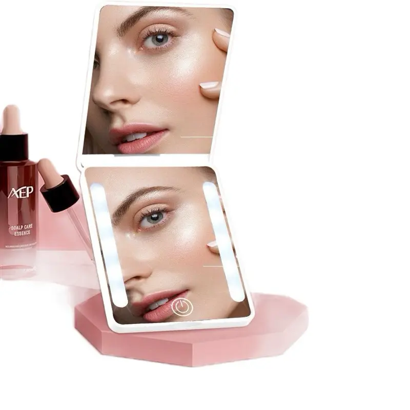 Compact Double-Sided Folding Makeup Mirror Handheld Portable LED Light For Touch-Ups