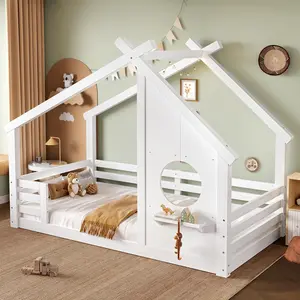 House Floor Bed with Window and a Small Shelf, Solid Wood Floor Bed with House-shaped Roof, No Spring Box Needed
