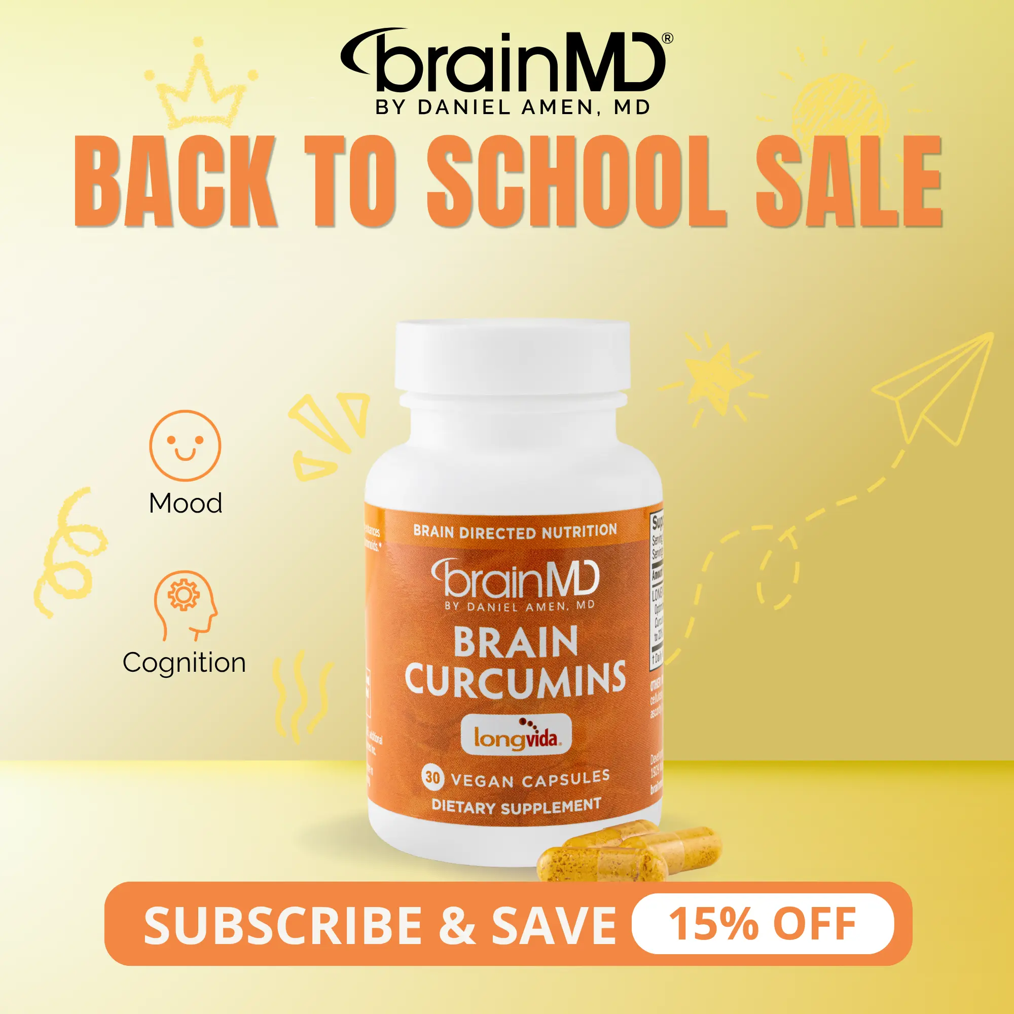 Brain Curcumins | BrainMD | 30 Capsules | Memory, Mood & Cognitive Support | Brain Antioxidant & Inflammatory Response Support | Longvida Optimized Curcumin