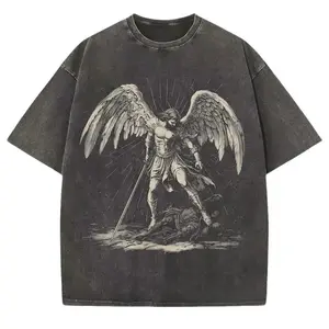 Vintage Archangel Michael Christian Streetwear Graphic Tee - Whimsical Design for Men & Women - Perfect for Birthday Christmas Baptism - Washed Denim Catholic Faith Apparel - Soft Comfortable