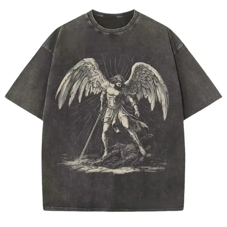 Men's Vintage Archangel Michael Catholic Faith Graphic Short-Sleeve Round Neck Washed Distressed Soft Denim Casual T-Shirt - Top for Baptism, Birthday Mensfashion Streetwear, Apparel, Festive, Casual Fit, Menswear