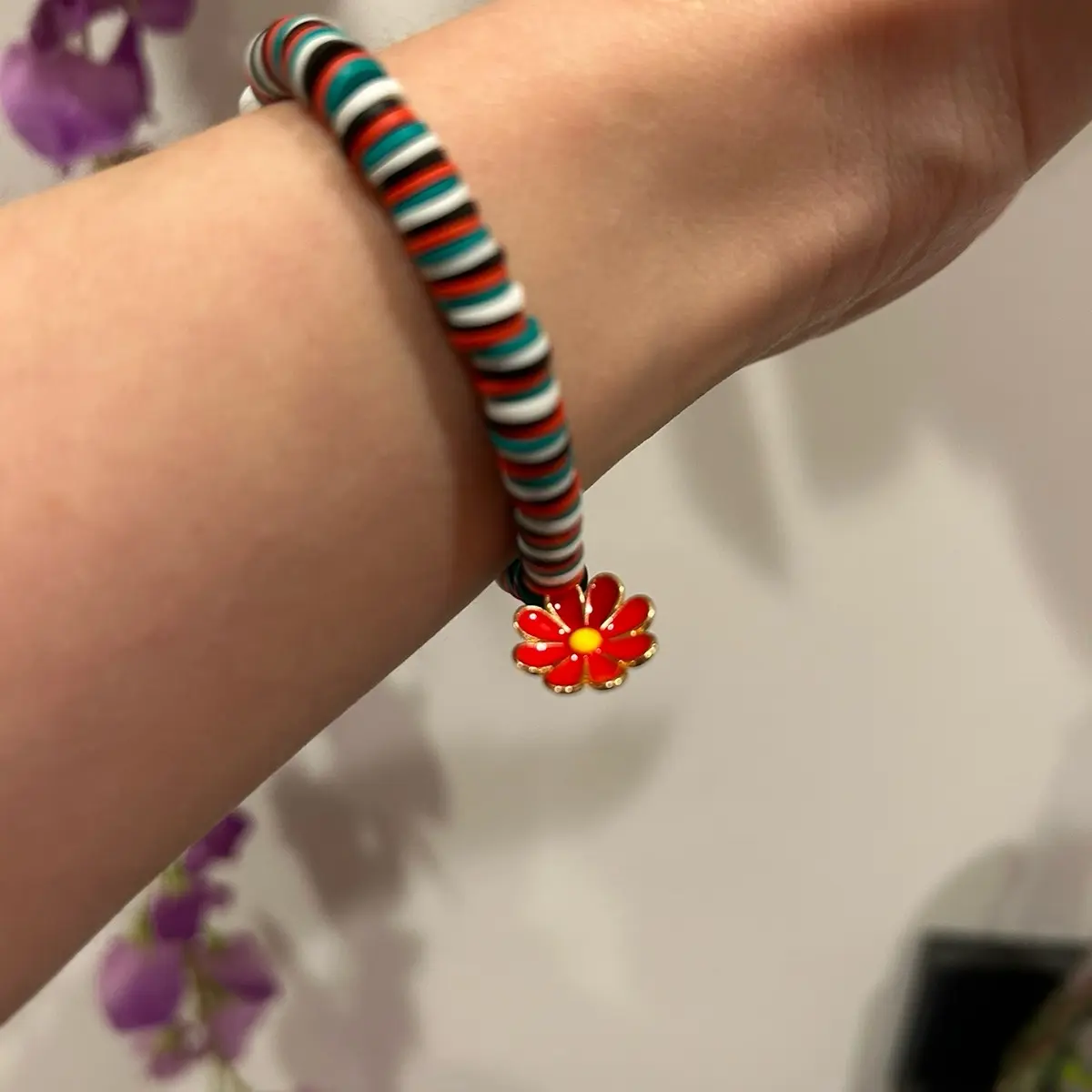 Red Poppy Flower Bracelet Clay Polymer Beads