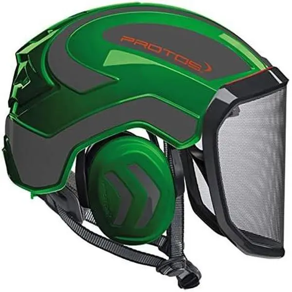 Protos Integral Arborist Helmet - Green & Grey, Integrated Visor (Face Shield), Built-In Hearing Protection, Adjustable Airflow, Chin Strap, Side Impact Resistance, Ultra-Light, EN 12492 Certified, for Climbing & Arborist Work, Wet Condition Compatible, E