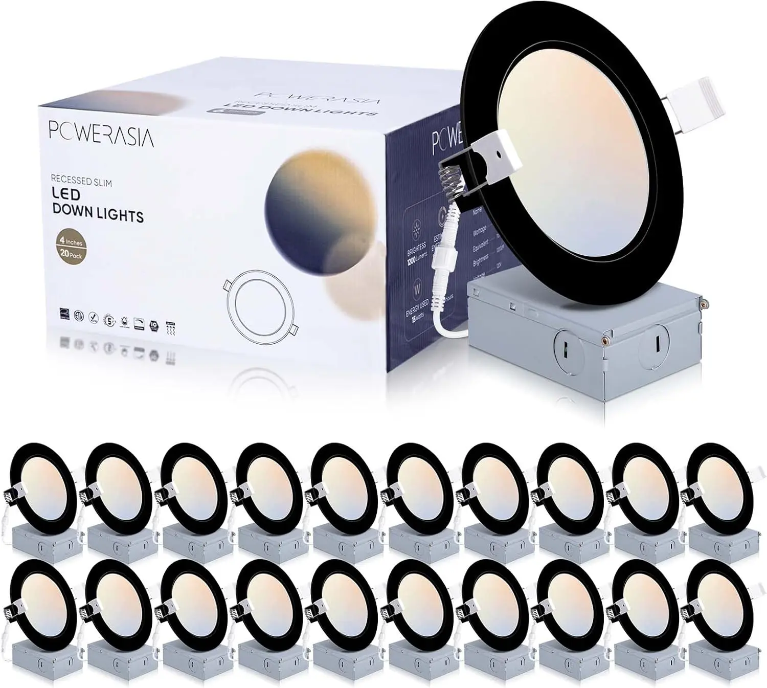 20 Pack 4/6 Inch LED Recessed Lighting with Junction Box, 5CCT 2700K/3000K/4000K/5000K/6000K Selectable, 15W 1200lm Ultra-Thin Recessed Downlight-ETL and Energy Star Certified