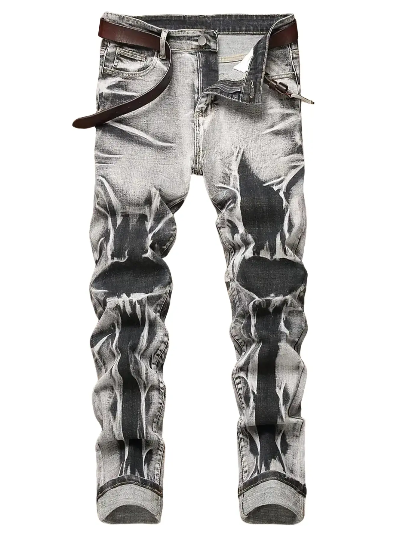 Men’s washed marble gradient stretch skinny jeans; vintage faded slim street-style five-pocket casual stretch denim pants; distressed slim fit jeans; premium denim fabric; stretchy, breathable, slimming cut; all-season style, great gift; no belt included;