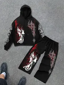 Men's Hooded Sweatshirt Set, Unique Print Design, Soft Fleece Lining, Knit, Loose Fit Wide Leg Pants, Casual Streetwear