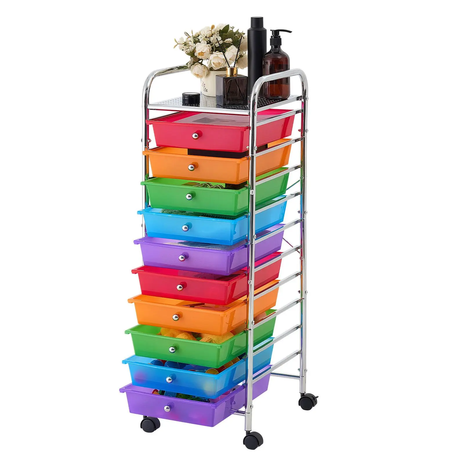 VEVOR 10-Drawer Rolling Storage Cart with Steel Frame, Universal Rolling Wheels, 2 Brakes & Racks, Organizer Storage for Office/Studio, Garage Home Organizer