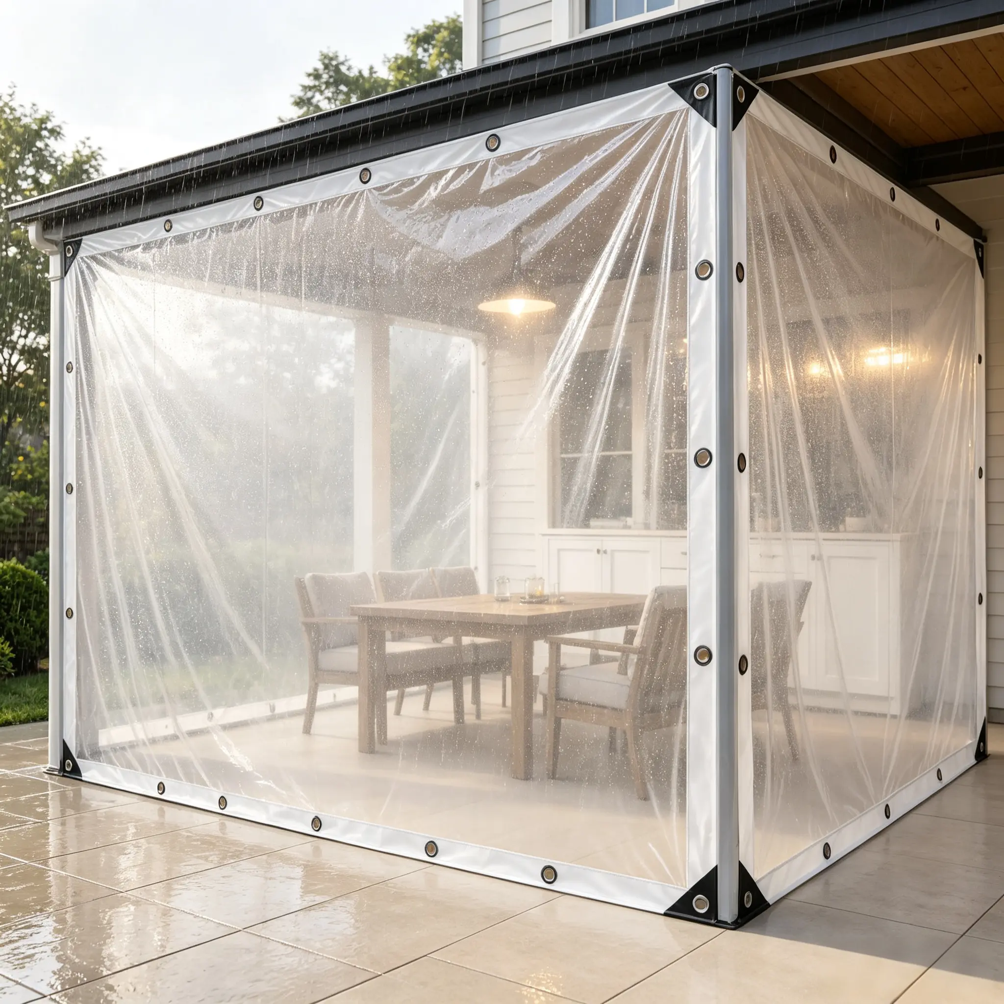 Home-use transparent Heavy-Duty waterproof fabric, durable multi-functional dust-proof and rain-proof fabric, with thick seam edges and reinforced rivet holes, is an ideal protective dustproof protection cover for patios and campers.