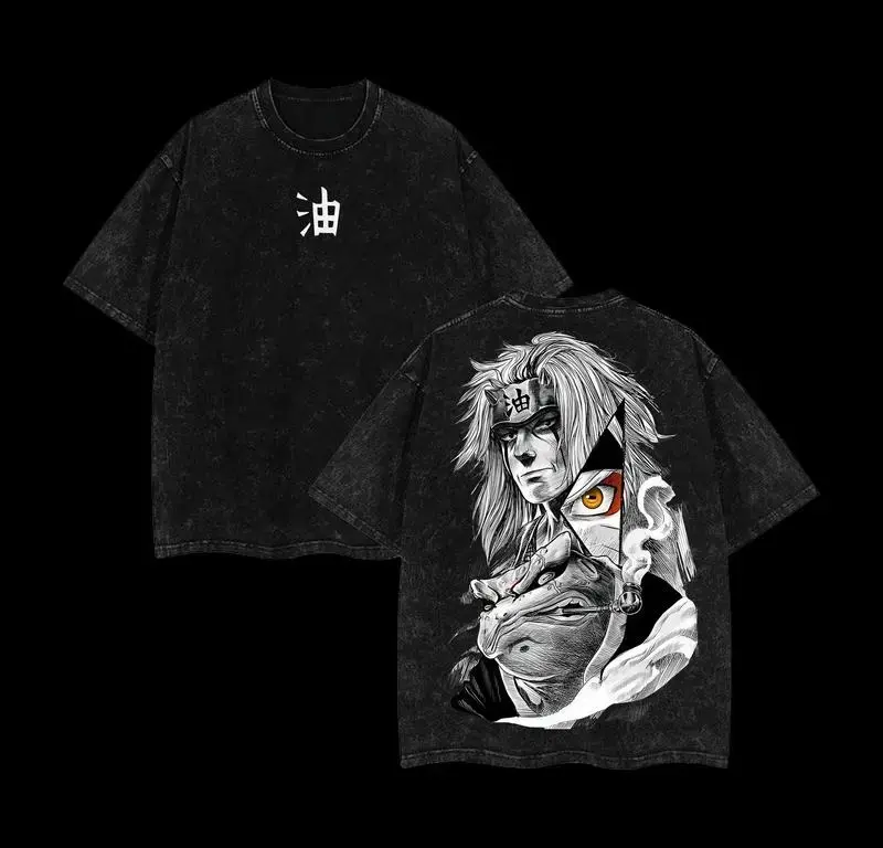 Jiraiya x Naruto Anime T-shirt, Unisex Oversized Vintage Washed Streetwear Top in Heavyweight Cotton, Manga Merch for Fans, Tshirt, Apparel, Shortsleeve, Seamless, Fabric, Clothes, Soft, Classic, Menswear