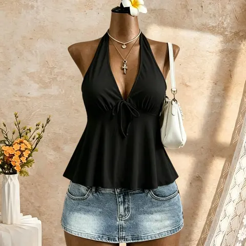 Women's Basic Halter V-Neck Ruffle Top Fit, Front Tie Sleeveless Vest, Flowy Ruffle Hem, Sexy Back Bow Halter Strap, Casual Chic Summer Beach Wear, Strappy Camisole