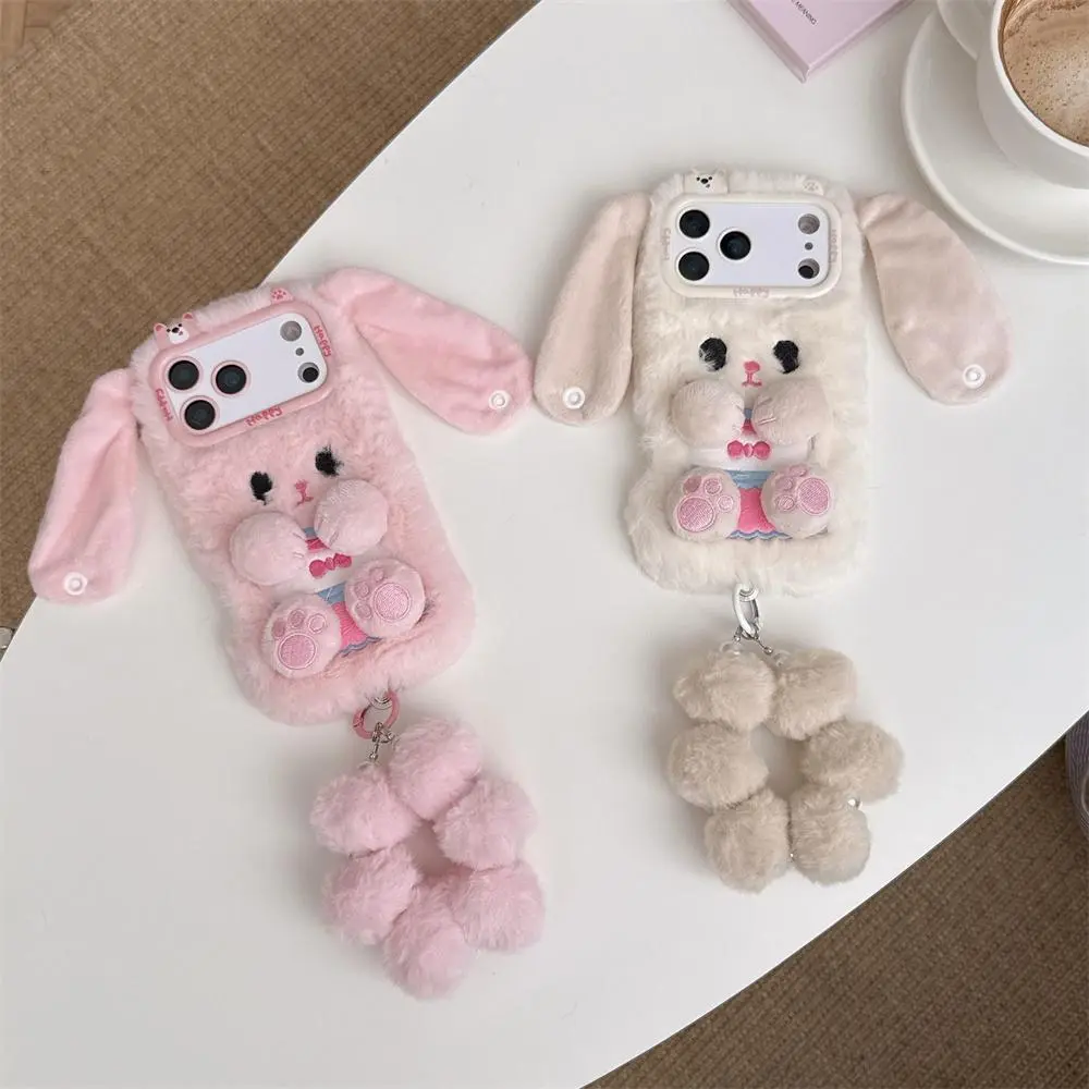 Warm Fluffy Long-Ears Plush Rabbit Smartphone Casing for iPhone 11,12,13,14,15,16,17 Pro Max - Shockproof Handheld Cellphone Cover with Lanyard, Cute Devices Accessory, Protection