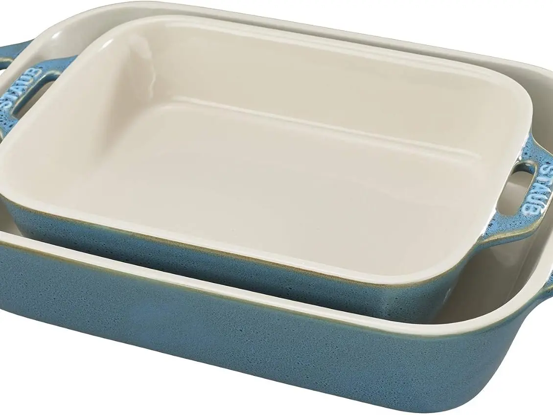 Staub 2-Piece Rustic Turquoise Ceramic Rectangular Baking Dish Set - Kitchen Bakeware for Casseroles
