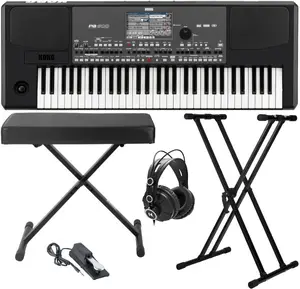 Korg PA600 61-Key Professional Arranger Keyboard with Bench, Pedal and Accessory Bundle Piano