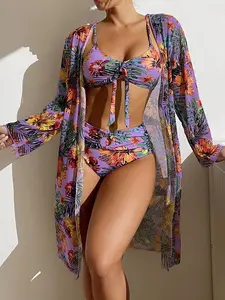 Three-piece Set Women's Tropical Print Bikinis for Summer, Boho Clothes, Knot Front Swim Top & O-ring Ruched Bikini Bottom & Long Sleeve Beach Cover Up, Bathing Suit, Summer Back To School Swimsuit Sets, Bathing Suits, Bikini Top Trunks