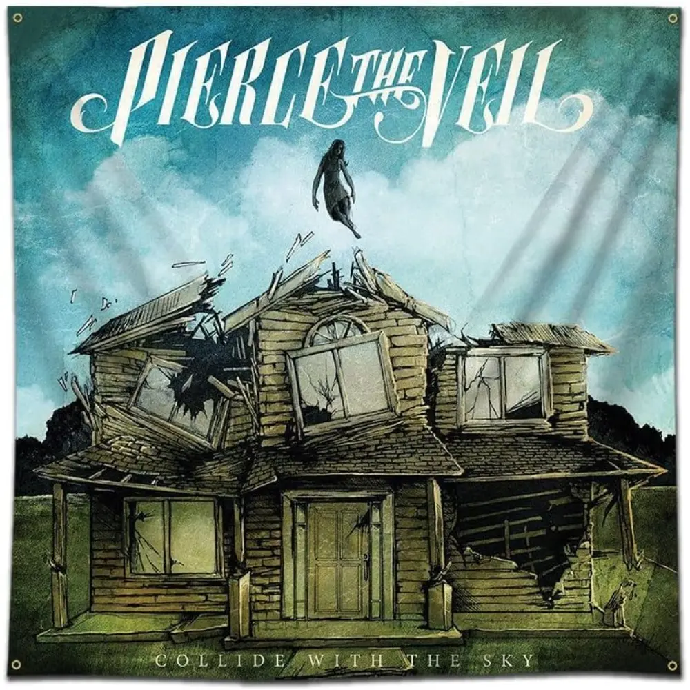 1pc PIERCE THE VEIL Collide with The Sky Tapestry Flag, 100% Polyester Peach Light Beige Fabric,College Dorm Room Decor  Horizontal Wall Hanging for Bedroom, Bar