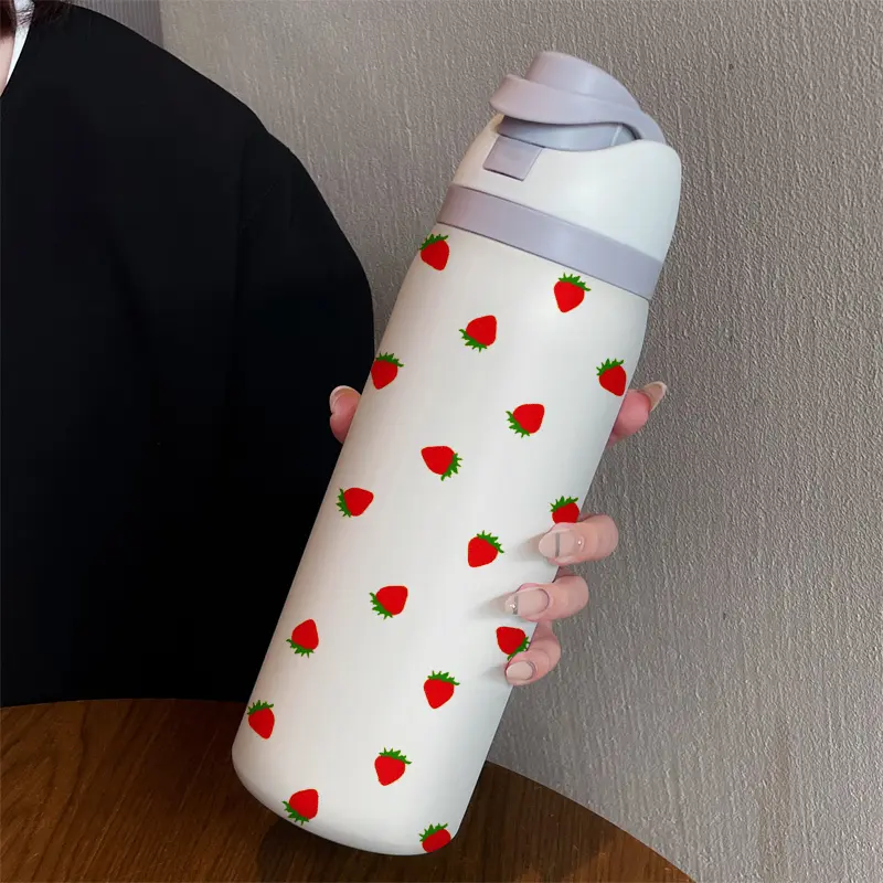 32oz Artistic Strawberry Dual-Use Sports Water Bottle, Thermos Water Bottle, Stainless Steel Vacuum Insulated, Large Capacity Fruit Cup, Stainless Steel Tumbler, Thermal Tumbler, Traveler Tumbler, Portable Insulated Tumbler, Perfect Gift for Women