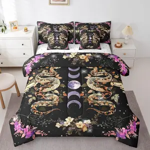 Gothic Snake Moth Kids Comforter Set,7 Piece,Purple Moon Stars Galaxy Boho Reversible Quilt Set,Wild Animal Flowers Leaves Black Bedding Set with Comforter,Sheet,Pillowcase