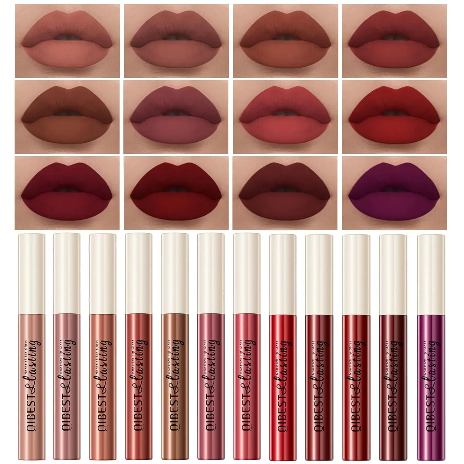 12Pcs Nude Matte Liquid Lipstick Set, Waterproof Long Lasting Non-Stick Cup Nude Brown Dark Red Purple Lipstick 24 Hour Matte Lipstick Professional Mother's Day Lip Makeup Gift for Women (Set A)