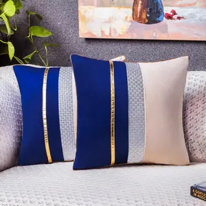 Ubernotch 18 x 18 Inches & 20 x 20 Inches Gold Leather Striped Patchwork Velvet Cushion Case, Luxury Modern Throw Pillow Cover for Couch Living Room Bedroom Decorative Accessories