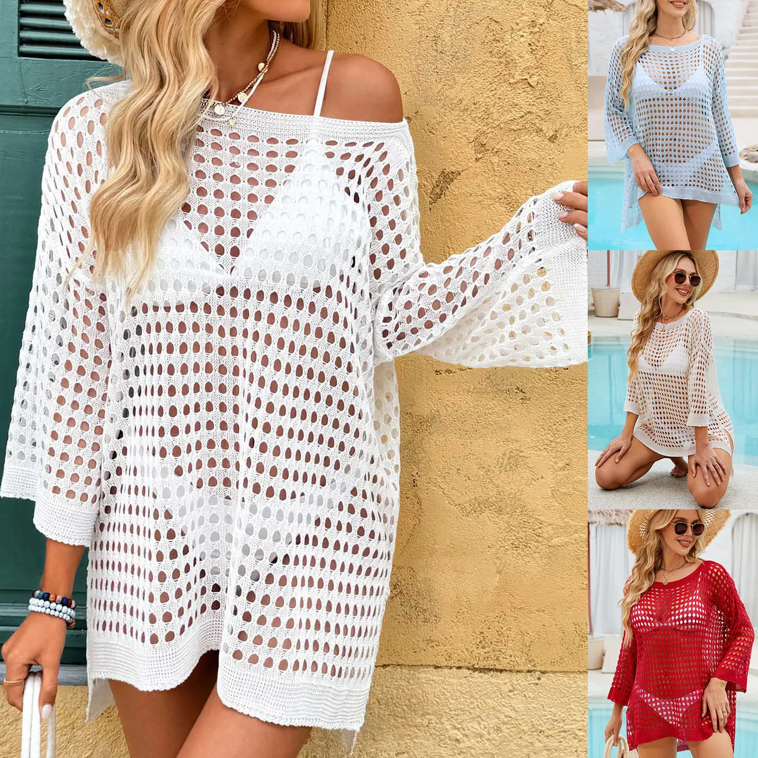 Women's Crochet Hollow-Out Swim Cover-Up Top, 3/4 Bell Sleeve Loose Knit Beach Tunic, Off-Shoulder for Summer Vacation