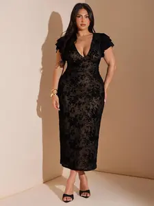 BAE Plus Size Women’s Elegant Floral Mesh Bodycon V-Neck Dress – Long Fitted Dress, Flattering Sleeves, Perfect for Daily, Parties, Dates & Vacations