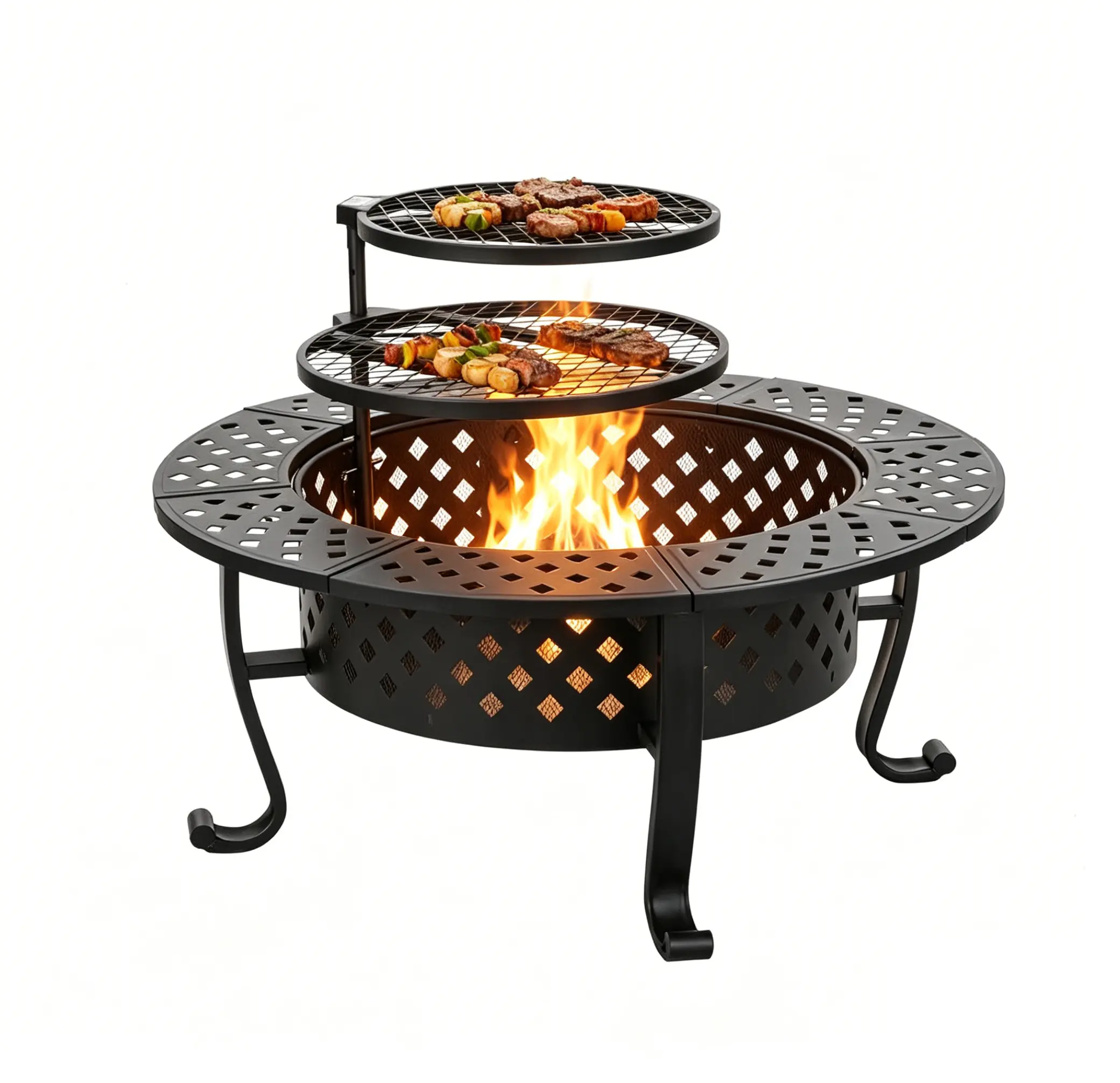 Outvue 42"Fire Pit with 2 Grills, Outdoor Wood Burning Fire Pit with Lid and Round Metal Table for Backyard Patio Garden Picnic Camping Bonfire Barbecue Tabletop Fire Pit Heavy Duty Firepit Bbq Fire Pit Fire Pit Set