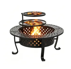 Outvue 42"Fire Pit with 2 Grills, Outdoor Wood Burning Fire Pit with Lid and Round Metal Table for Backyard Patio Garden Picnic Camping Bonfire Barbecue Tabletop Fire Pit Heavy Duty Firepit Bbq Fire Pit Fire Pit Set