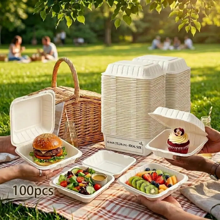 Pack of 100 6-inch compostable flip-top takeout boxes — biodegradable sugarcane pulp portable food containers, eco-friendly burger packaging for picnics and parties
