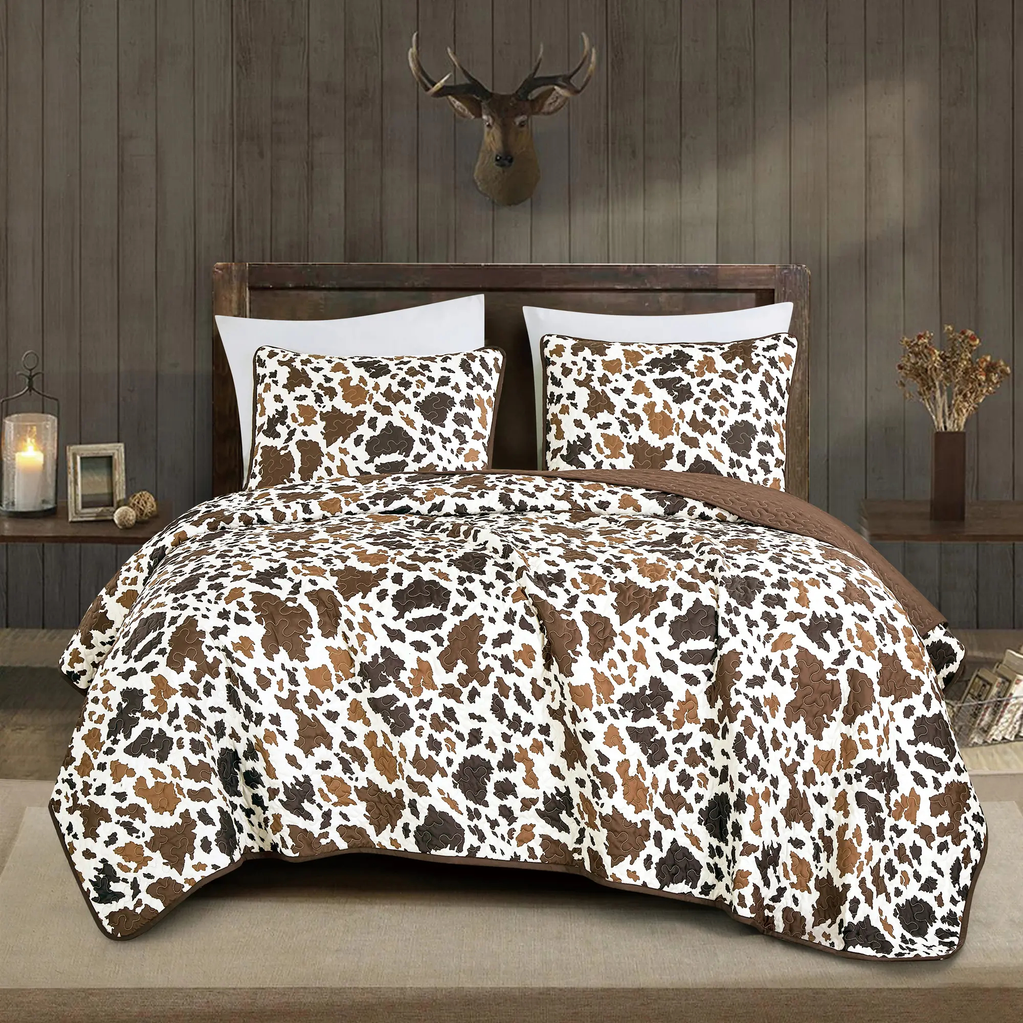 Western Cowhide Quilt Bedding Set 3 Piece | Ranch Style Bedspread Coverlet Set | Soft Microfiber Quilt with Shams