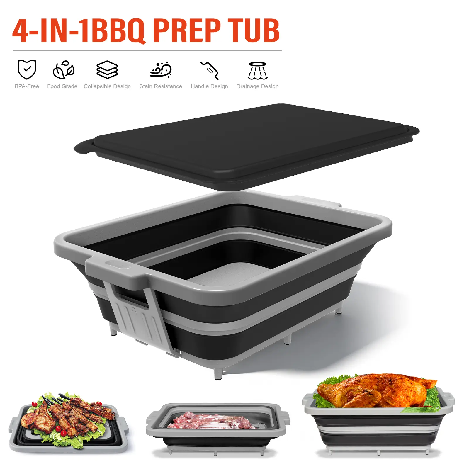 【ANJUKE】Multifunctional 4-in-1 Collapsible Camping Kitchen Sink & Colander | 2 Gal/8L Foldable Tub with Lid, Cutting Board & Serving Tray for BBQ, Picnic & Outdoor Prep