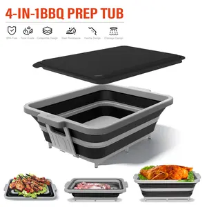 Multifunctional 4-in-1 Collapsible Camping Kitchen Sink & Colander | 2 Gal/8L Foldable Tub with Lid, Cutting Board & Serving Tray for BBQ, Picnic & Outdoor Prep