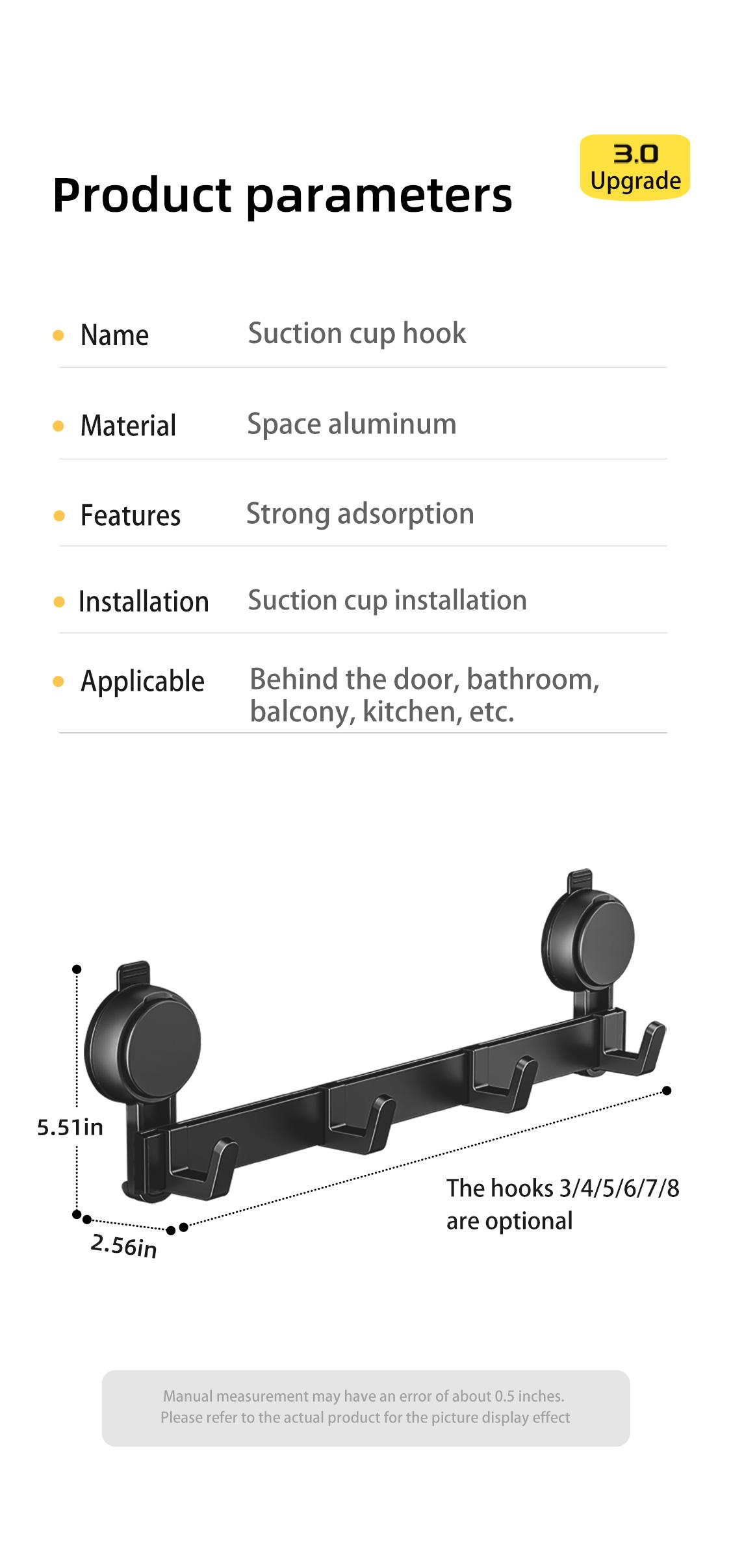 Heavy Duty 5 Hooks Black Suction Cup Hook Rack - No Drilling Adjustable Towel & Coat Hanger, Removable Multi-Use Damage Free Organizer for Bathroom, Kitchen, Entryway, RV, Office