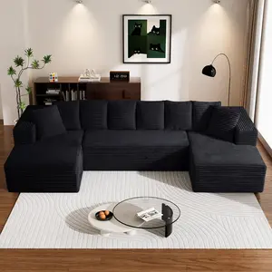 【3 Packages Shipping】132 Inch Modular U-Shaped Sofa, Comfortable Fluffy Plush Corduroy Fabric Sofa, Convertible Sofa Bed with Recliner, Suitable for Living Room, Bedroom Ultra-Soft Black Flannel Set