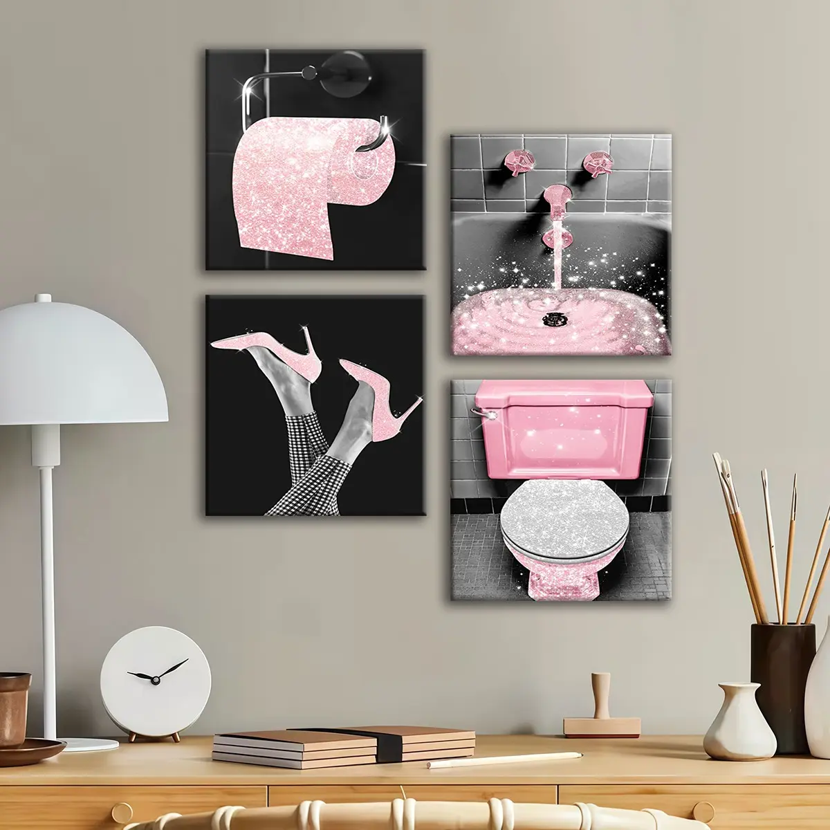4-count wooden frame canvas, girlish atmosphere bathroom decoration poster, living room and bedroom decoration, exquisite family poster, corridor wall hanging painting, waterproof art, Modern Home Decor, Decoration Items