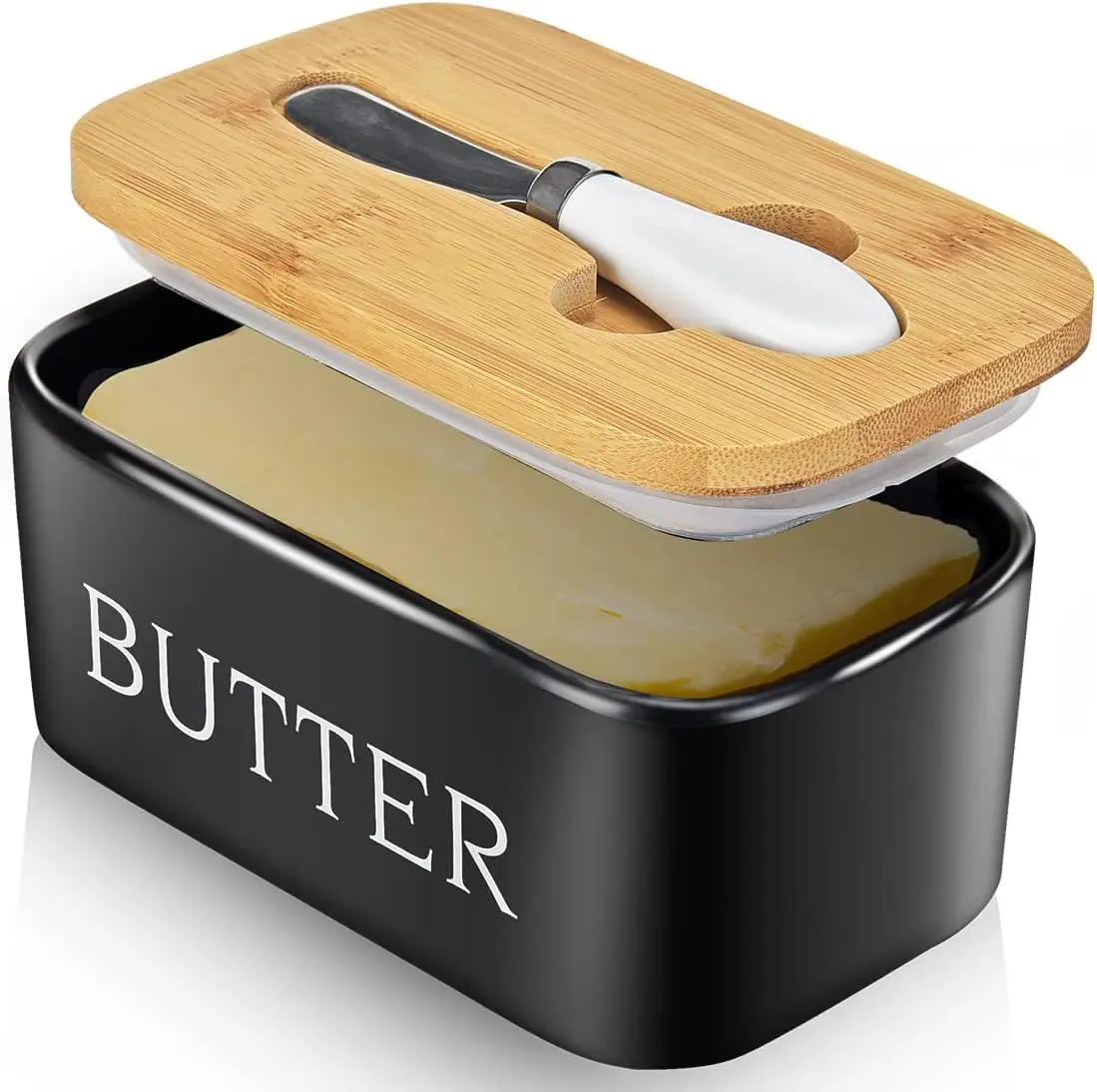 Ceramic Butter Dish with Lid, Knife & Silicone Seal, Black Countertop Butter Container for Kitchen Storage, Home Decor & Housewarming Gift
