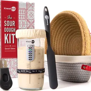 Sourdough Starter Kit – 24 oz (approx. 680.4 g) starter jar, 2 cotton rope banner protective baskets, magnetic bread scorer – a baker's gift and complete sourdough bread baking kit