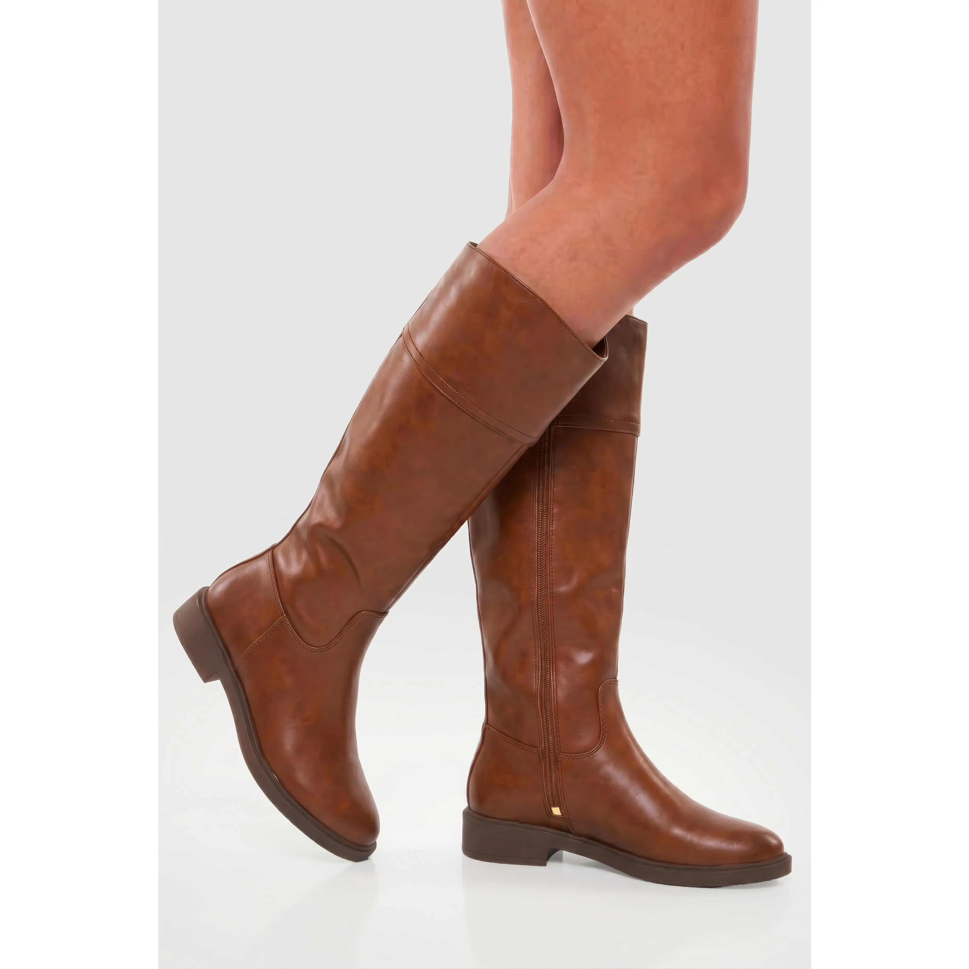 Faux Leather Round Toe Side Zip Riding Boots