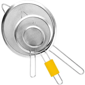 Stainless Steel Fine Mesh Strainers 3-Piece Set with Non-Slip Handles, Long & Wide Rim, Suitable for Sifting, Straining, and Colanders - Utensils Kitchen Equipment