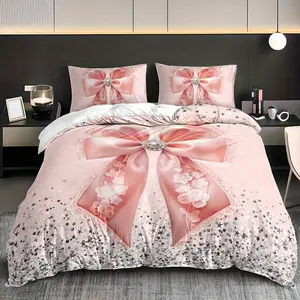 2/3Pcs pink bow lace glitter quilt cover set (1 quilt cover + 1/2 pillowcase, no quilt core pillow core), four seasons home dormitory high definition printing