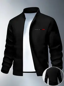 Men's Lightweight Casual Collared Jacket, Letter Print Design, Fitted Style, Moderate Fabric, Perfect for Fall & Winter Outdoor Activities