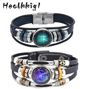 2Pcs Multilayer Constellation Zodiac Leather Bracelet Handmade Woven