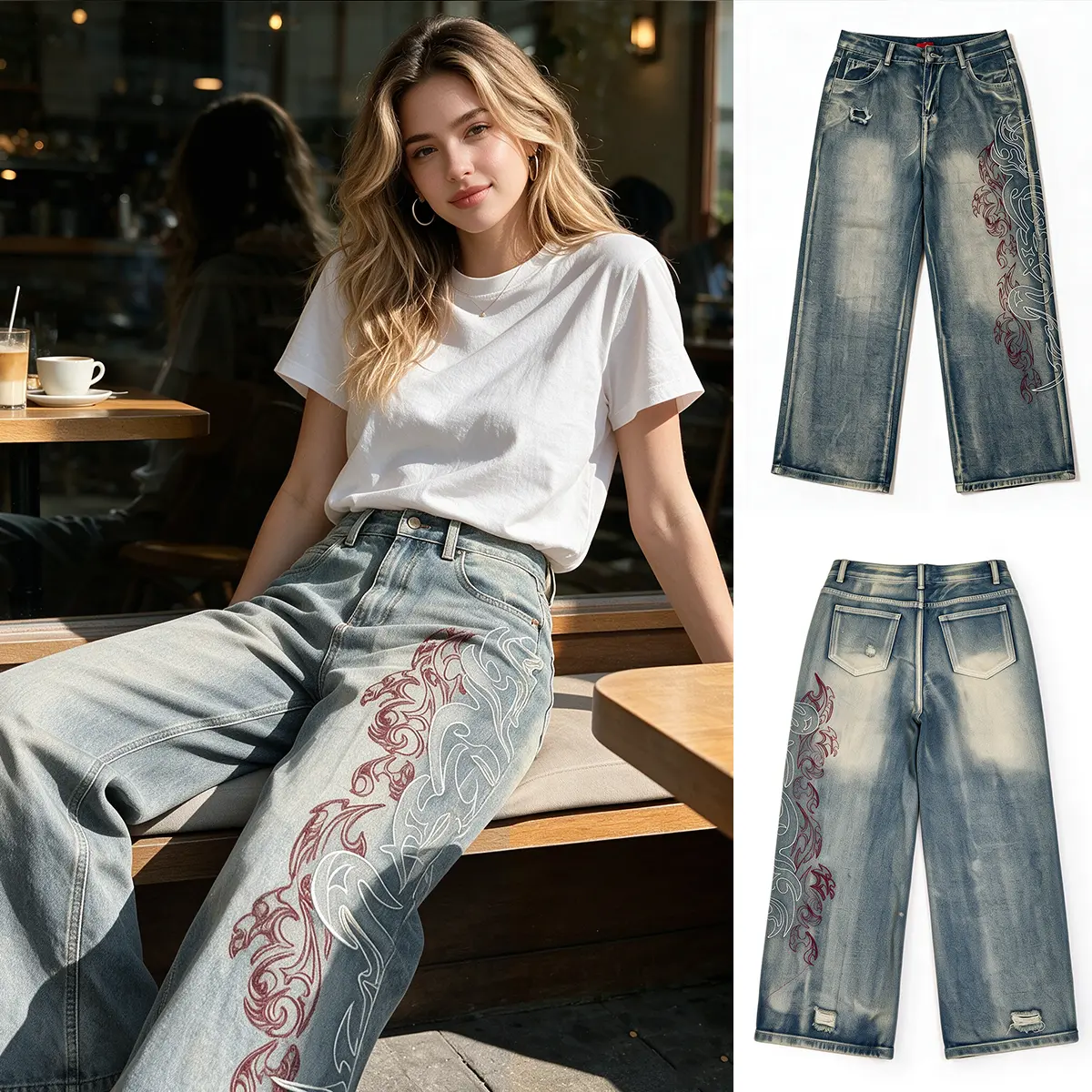 Vintage Washed Baggy Jeans Women Tribal Dragon Embroidery Wide Leg Distressed Denim Pants Y2K Streetwear