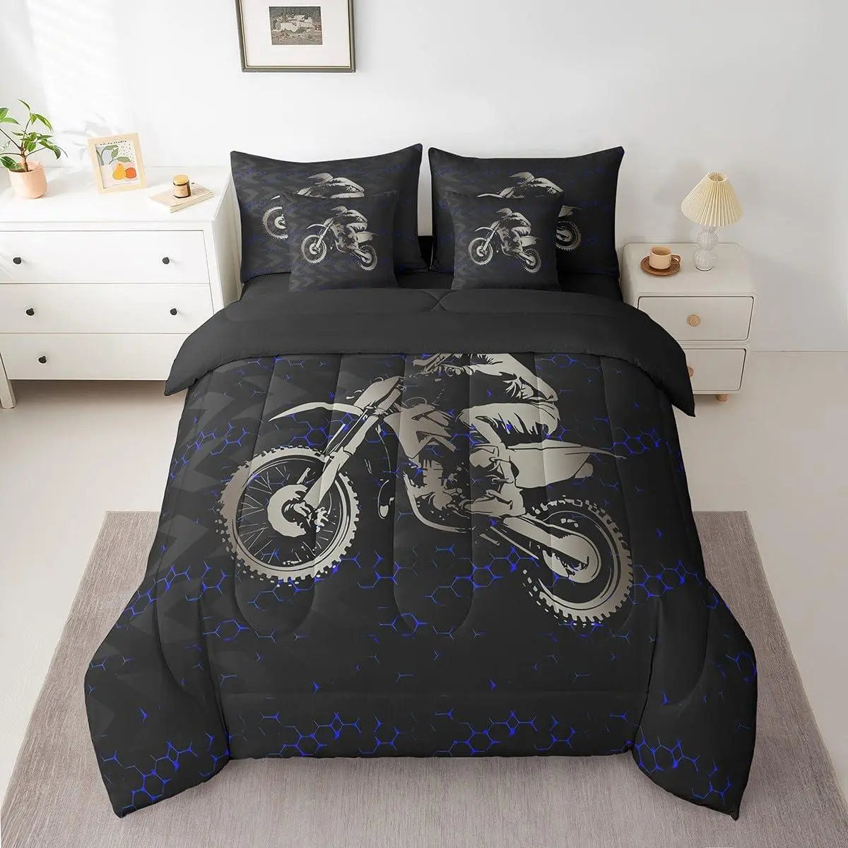 Dirt Bike Comforter Set with Sheets Racing Motocross Rider Bed in a Bag Extreme Sports 7 Pieces Bedding Set Racing Motocross Rider Bed Set Black Blue