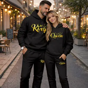 Couple's “King” and “Queen” Crown Print Hoodie and Sweatpants Set, Casual Sportswear, Long-Sleeve Hooded Jacket and Pants, Suitable for Autumn, Winter, and Spring, Everyday Wear, Tracksuit