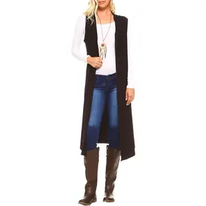 Women's Open-Front Knitting Fabric Sleeveless Loose-Fitting Maxi Duster Vest, Casual Flowy Drape Lightweight Cardigan Top, Made in USA Womenswear
